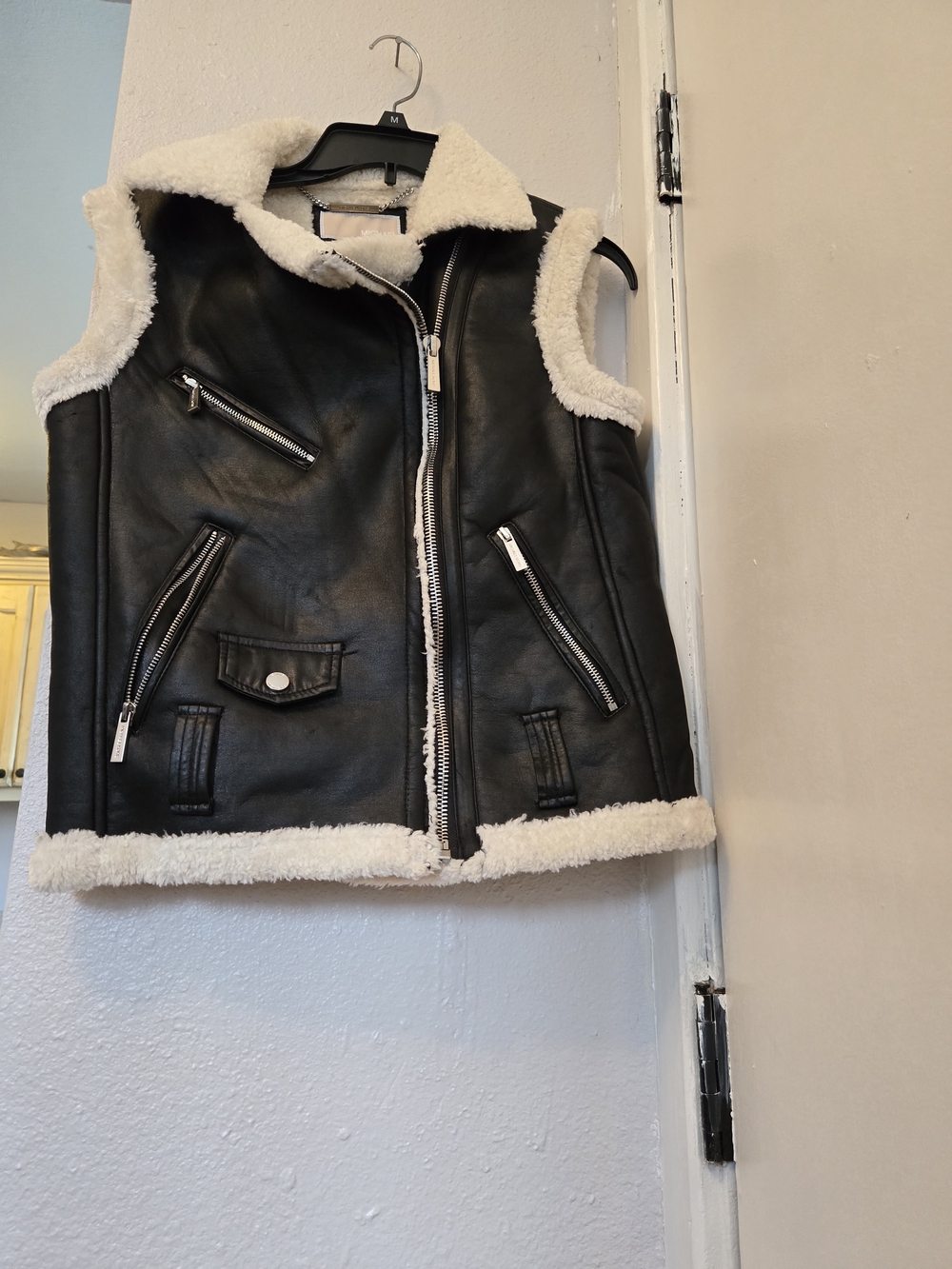 Michael Kors Black Faux Leather Vest with Cream Shearling Trim